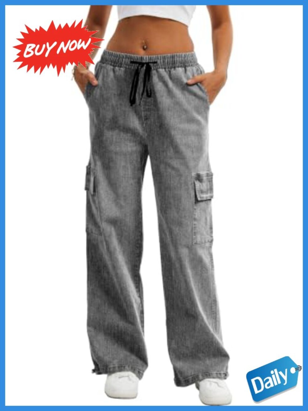 High Waisted Cargo Pants Baggy Wide Leg Stretchy Pull On Trousers Streetwear